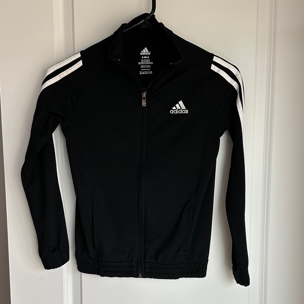 Kids Adidas Black Track Jacket White Stripe Sleeves Size Small EUC